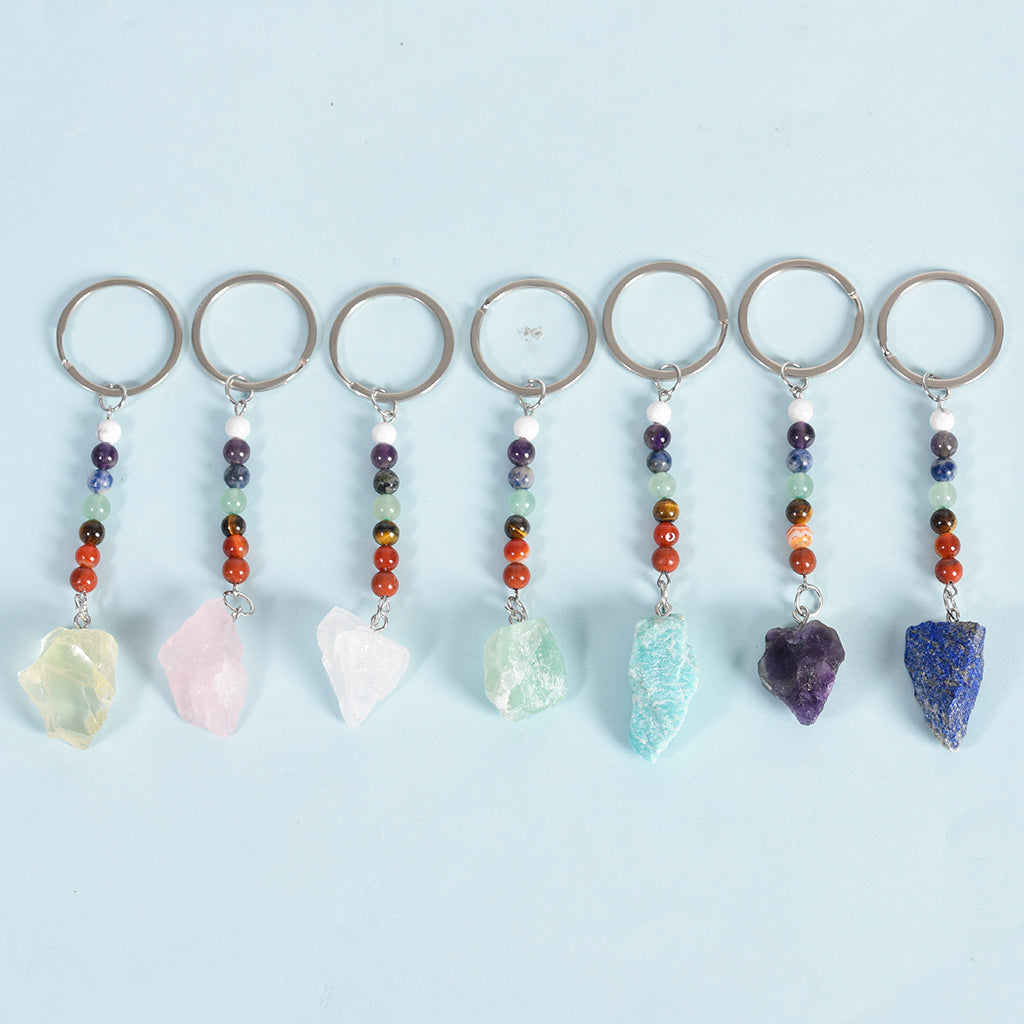 raw stone seven chakras keychain