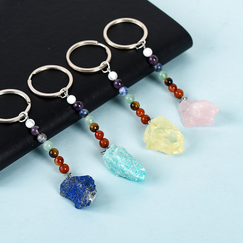 raw stone seven chakras keychain