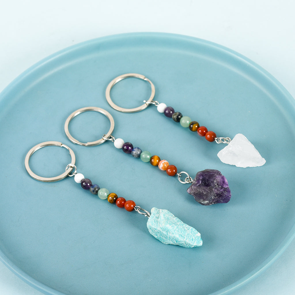 raw stone seven chakras keychain