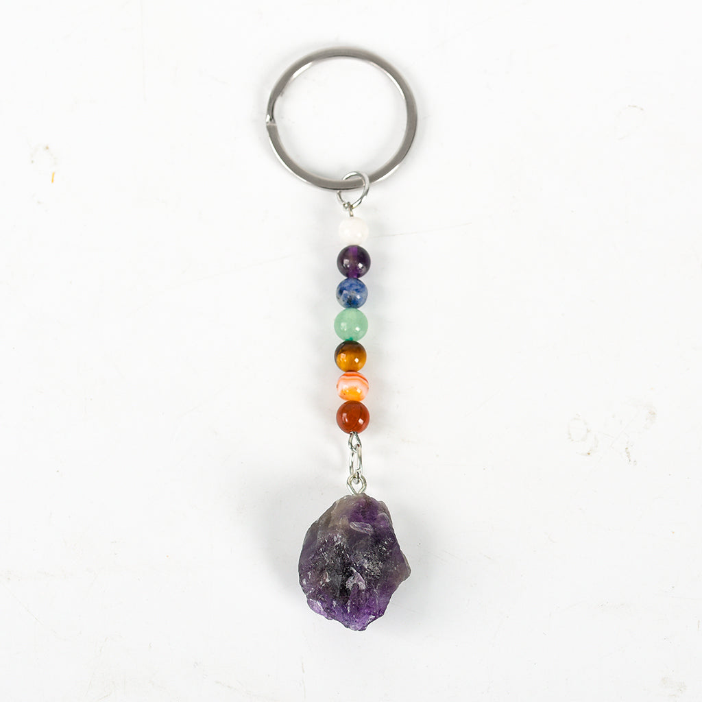 raw stone seven chakras keychain