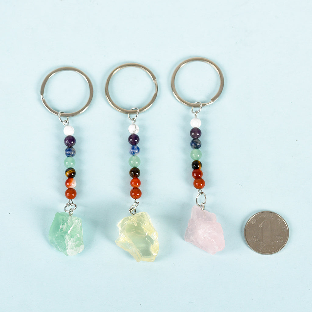 raw stone seven chakras keychain