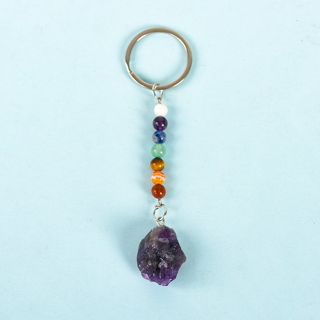 raw stone seven chakras keychain